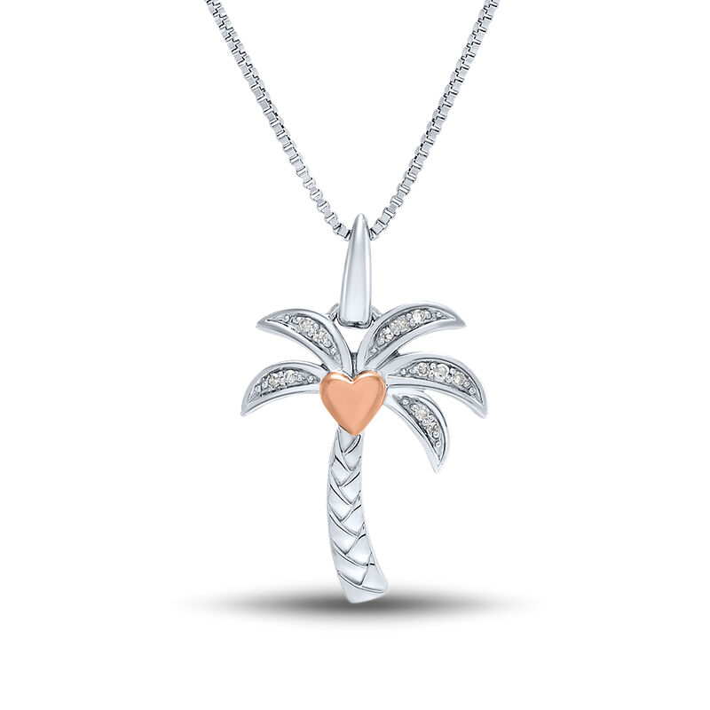 Diamond Palm Tree Pendant with Heart Accent in Sterling Silver &amp; 14K Rose Gold