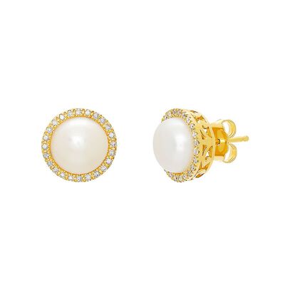 Freshwater Cultured Pearl & 1/7 ct. tw. Diamond Earrings in 14K Yellow Gold