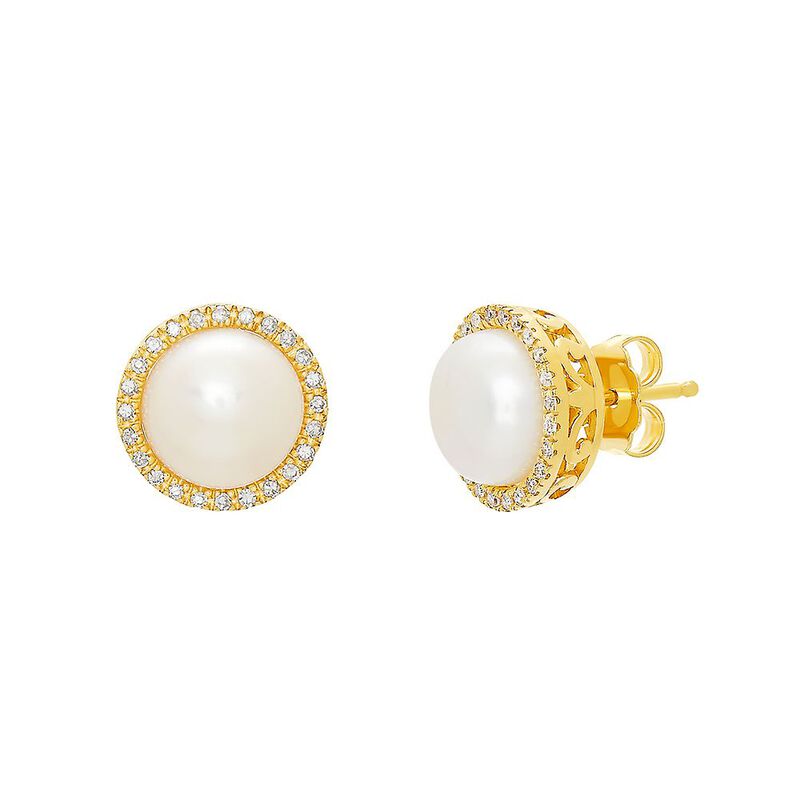 Freshwater Cultured Pearl &amp; 1/7 ct. tw. Diamond Earrings in 14K Yellow Gold