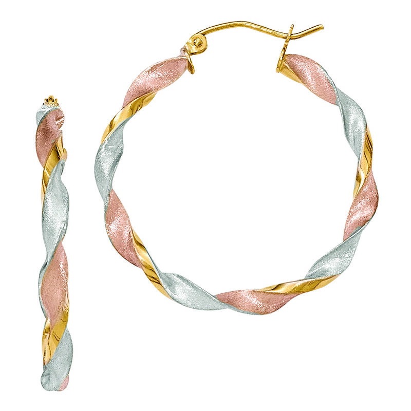 Twist Hoop Earrings in 14K Yellow Gold and White and Rose Rodium