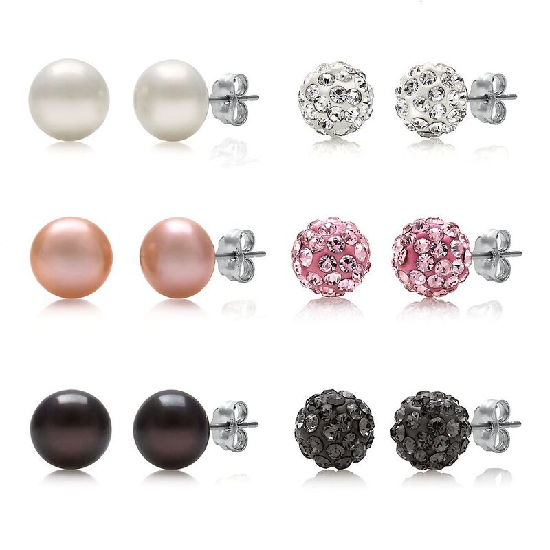 Freshwater Cultured Pearl &amp; Crystal Stud Earring Set in Sterling Silver, 8MM