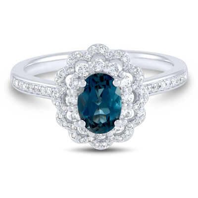 London Blue Topaz and Diamond Ring in 14K White Gold (3/8 ct. tw.)