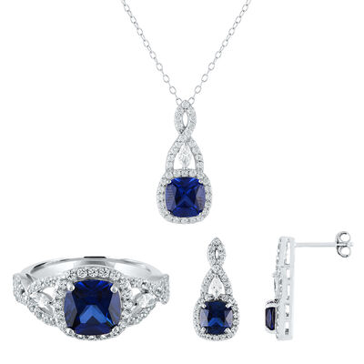 Cushion-Cut Lab-Created Blue & White Sapphire Earring, Pendant & Ring Set in Sterling Silver