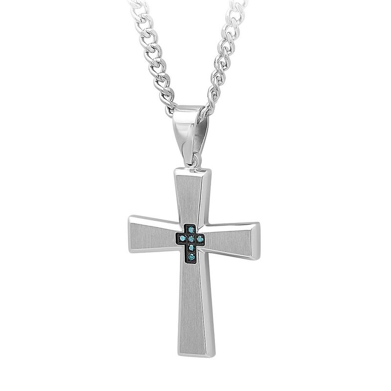 Men&#39;s Blue Diamond Cross Pendant in Stainless Steel