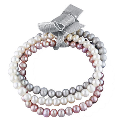 Freshwater Cultured Pearl Bangle Bracelet Set in Grey, Pink and White