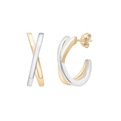 Two-Tone Open Huggie Hoop 'X' Earrings in Sterling Silver and Vermeil, 15MM