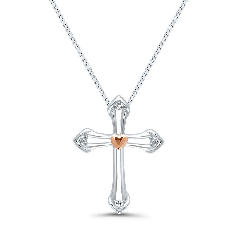 Diamond Open Cross &amp; Heart Pendant in Sterling Silver &amp; 14K Rose Gold