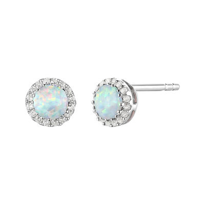 Diamond & Opal Stud Earrings in 14K White Gold