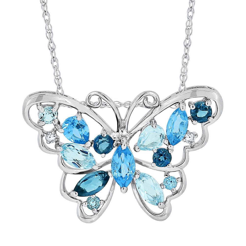 Necklace 2 Swarovski butterflies blue topaz and sumptuous grey of SPARK  brand in silver