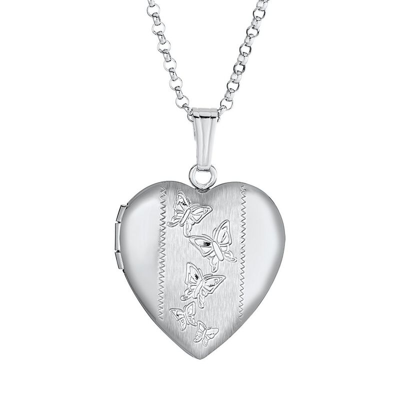 Engraved Butterfly Heart Locket Pendant in Sterling Silver