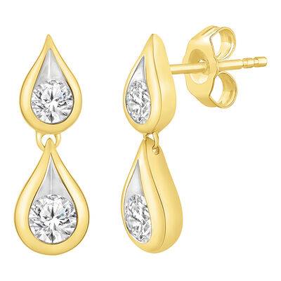 Lab Grown Diamond Vertical Two-Stone Tear Drop Earrings in 14K Yellow Gold (1 ct. tw.)