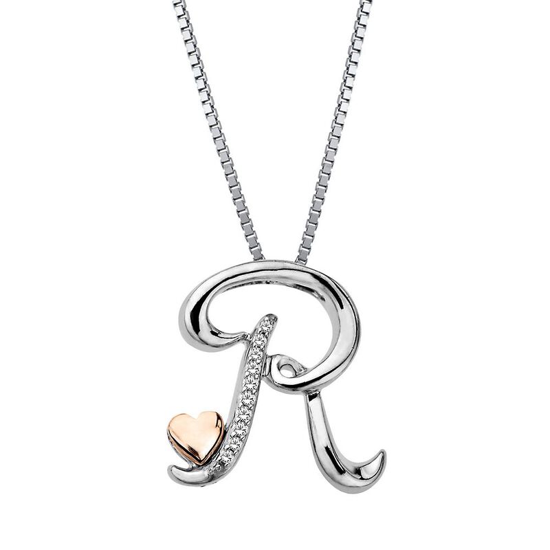 Diamond R Initial Pendant in Sterling Silver &amp; 14K Rose Gold