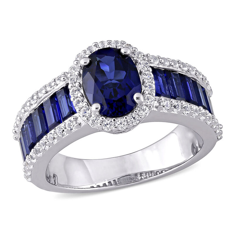Oval Lab Created Blue &amp; White Sapphire Halo Ring in Sterling Silver
