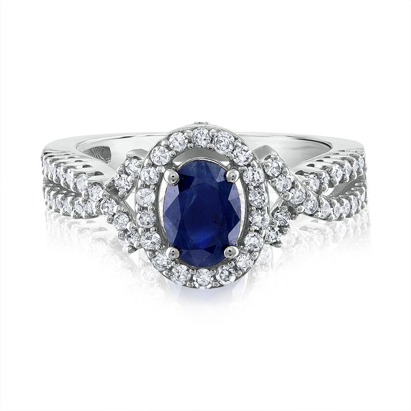 Blue Sapphire &amp; Diamond Halo Ring in 10K White Gold &#40;1/2 ct. tw.&#41;