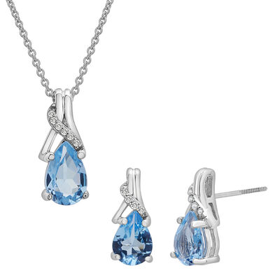 Blue Topaz & Diamond Pendant & Earrings Boxed Set in Sterling Silver