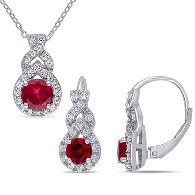 Lab Created Ruby & Lab Created White Sapphire Earring and Pendant Box Set in Sterling Silver