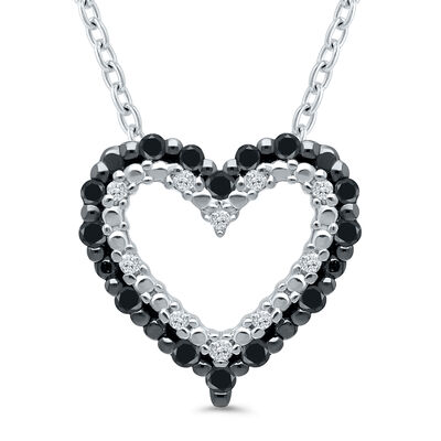 Black and White Diamond Open Heart Pendant in Sterling Silver (1/10 ct. tw.)