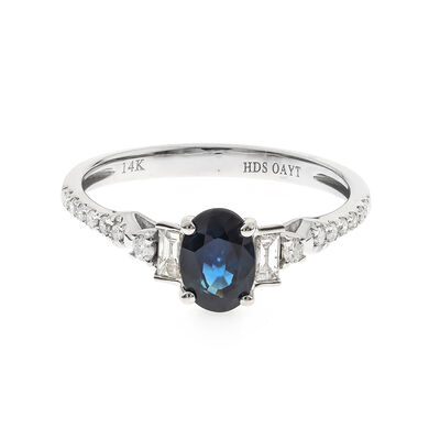 Oval Blue Sapphire & Baguette Diamond Engagement Ring in 14K White Gold (1/4 ct. tw.)
