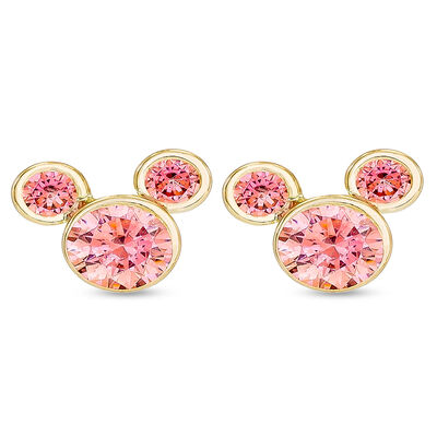 Pink Cubic Zirconia Mickey Mouse Stud Earrings in 14K Yellow Gold