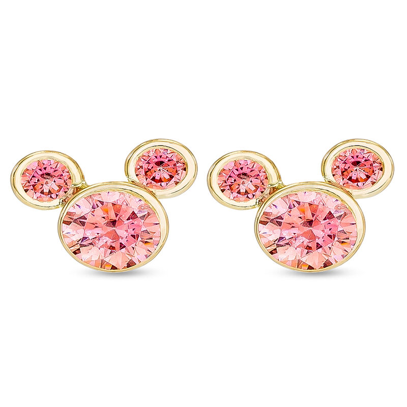 Pink Cubic Zirconia Mickey Mouse Stud Earrings in 14K Yellow Gold