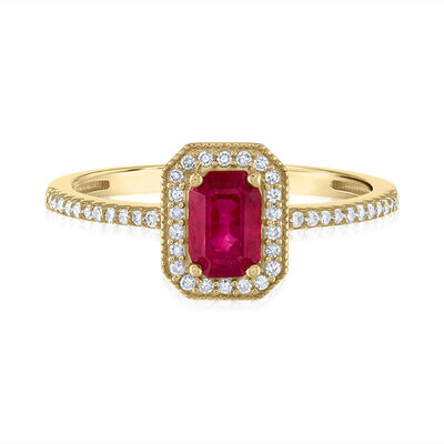 Emerald Cut Ruby & Diamond Ring in 14K Gold (1/7 ct. tw.)
