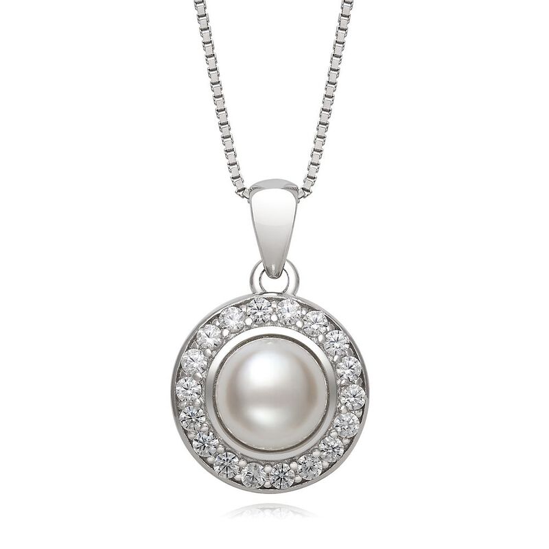 Freshwater Cultured Pearl &amp; Lab Created White Sapphire Halo Pendant in Sterling Silver