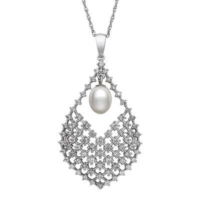 Freshwater Pearl & Lab Created White Sapphire Pendant in Sterling Silver