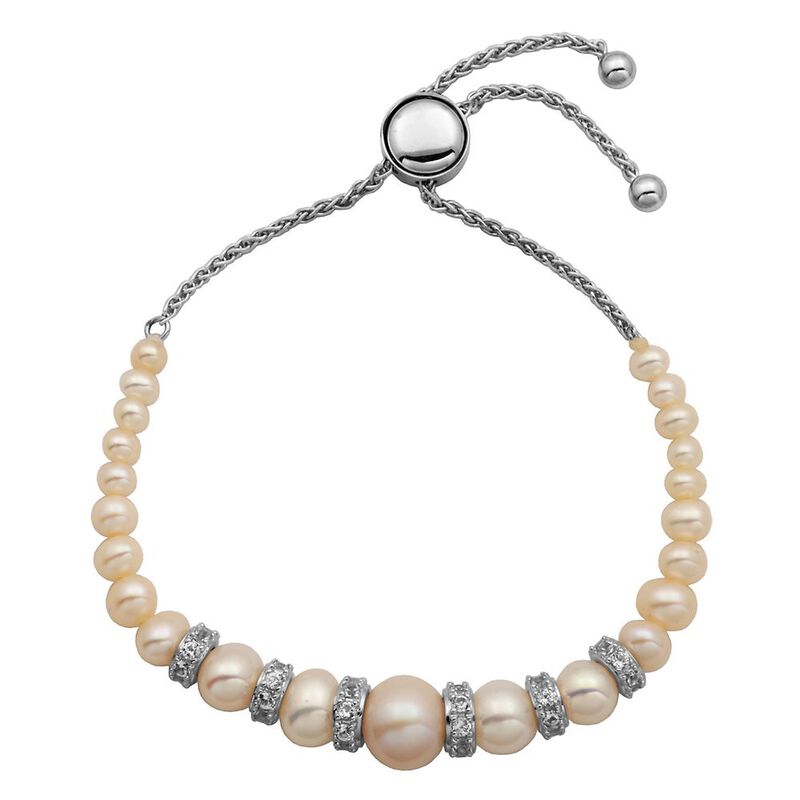 Freshwater Cultured Pearl &amp; Lab Created White Sapphire Bolo Bracelet in Sterling Silver