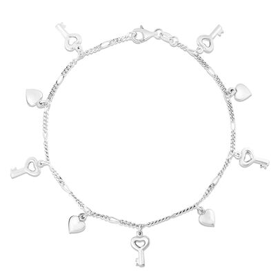 Charm Anklet with Keys & Hearts in Sterling Silver