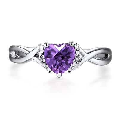Amethyst & Diamond Heart Ring in Sterling Silver