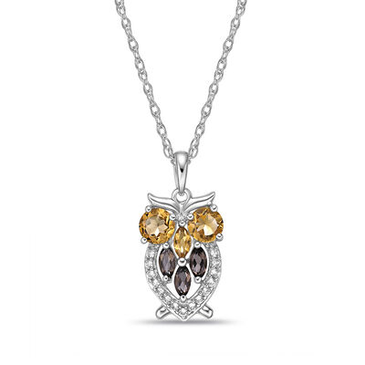 Owl Pendant with Smokey Quartz, Citrines, and White Sapphires in Sterling Silver