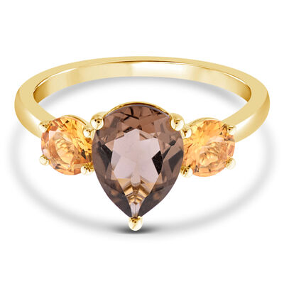 Pear-Shaped Smoky Quartz Ring with Citrines in 10K Yellow Gold