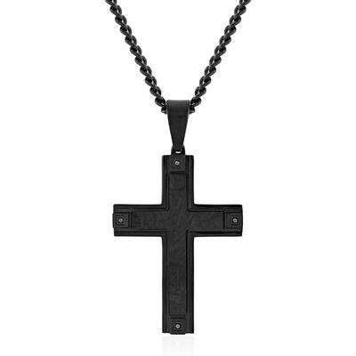 Men’s Black Diamond Cross Pendant in Black Carbon Fiber & Black Stainless Steel