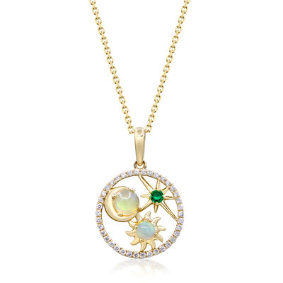 Opal, Emerald and Diamond Pendant in 10K Yellow Gold (1/8 ct. tw.)