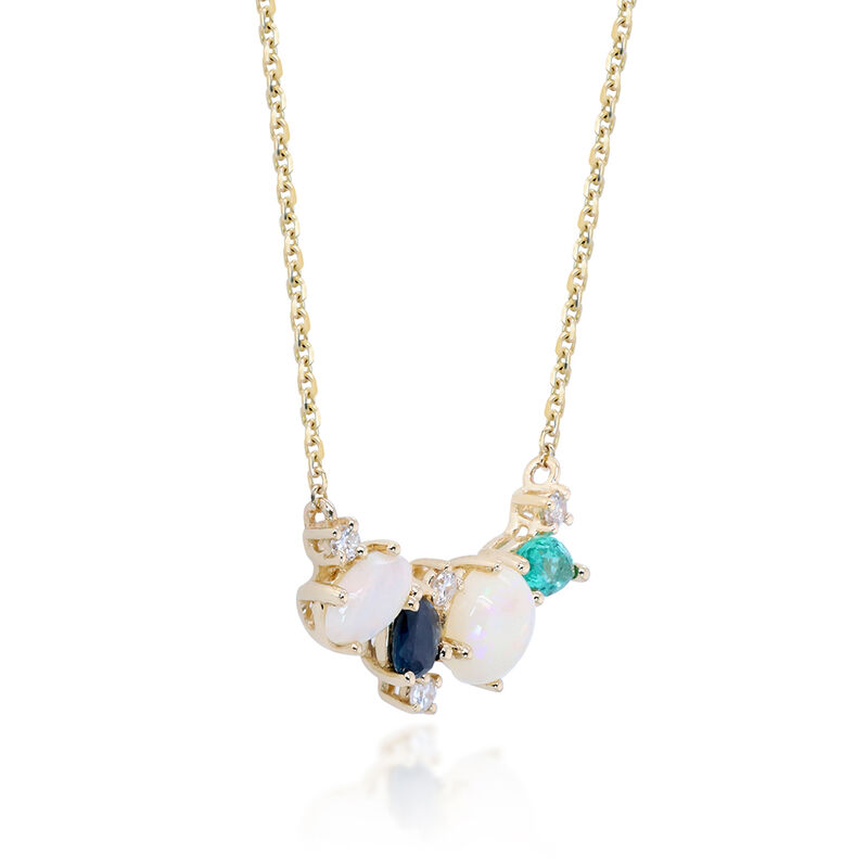 Australian Opal, Emerald, Blue Sapphire, and Diamond Accent Necklace in 10K Yellow Gold