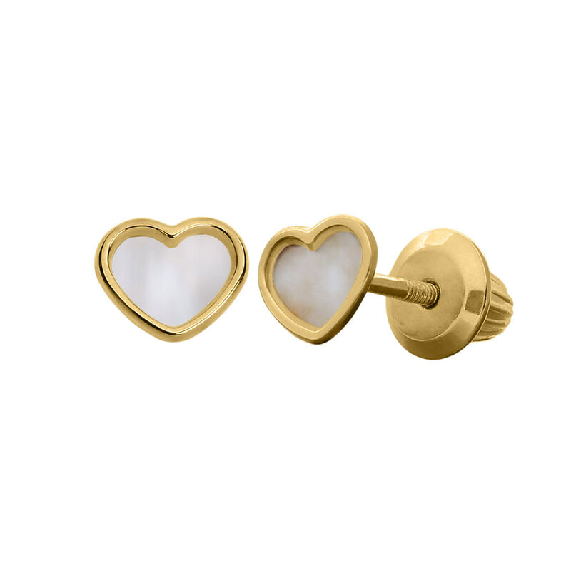 Children&#39;s Mother of Pearl Heart Earrings in 14K Yellow Gold