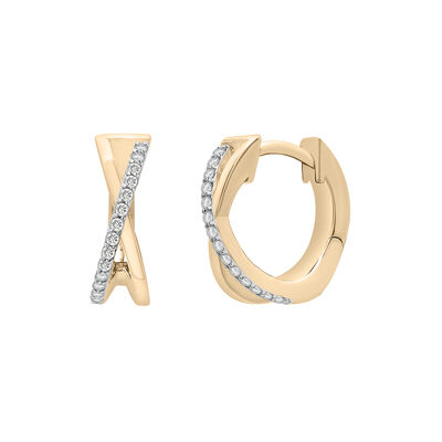 Diamond Huggie Hoop 'X' Earrings in 14K Yellow Gold (1/7 ct. tw.)