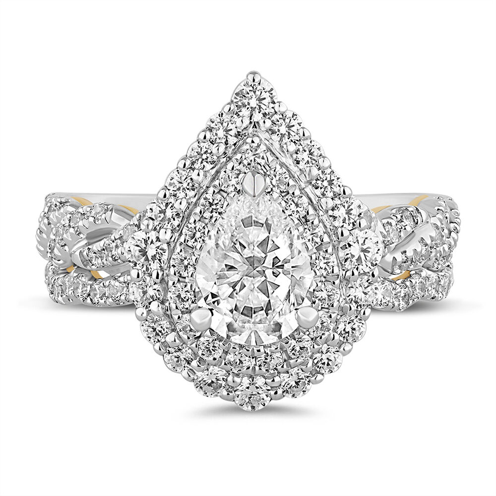 A 4.04 ct yellow pear shaped diamond and 3.02 ct colorless pear shaped  diamond in a bypass engagement ring setting. - GIA 4Cs