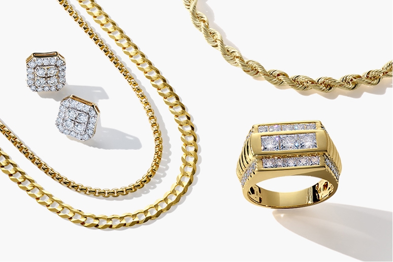 Yellow gold earrings, two yellow gold chains, yellow gold bracelet and yellow gold diamond men's jewelry ring