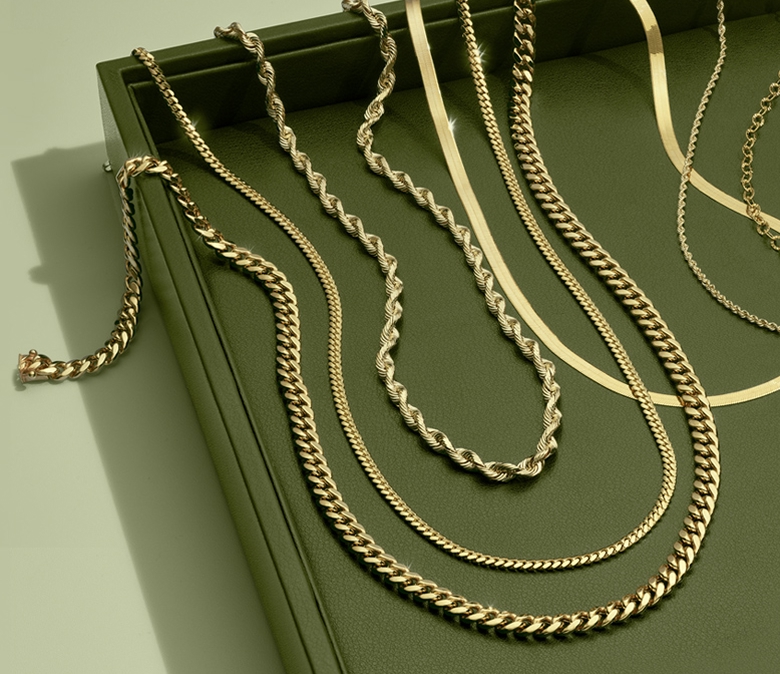 Gold chains on a green box