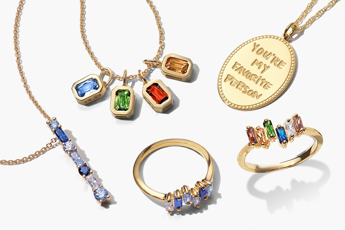 3 personalized gemstone pendants and 2 personalized gemstone rings