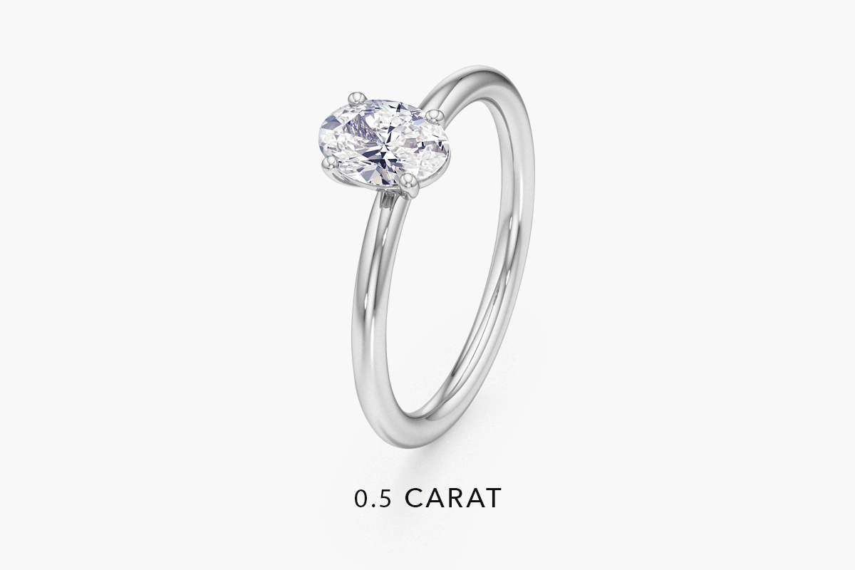 a gif showing the before and after of an oval solitaire engagement ring in .5 carat, 1 carat, 2 carats, 3, carats, 4 carats, and 5 carats.