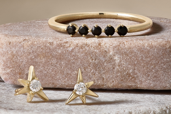 An image of a ring and earrings that are made with 10k yellow gold