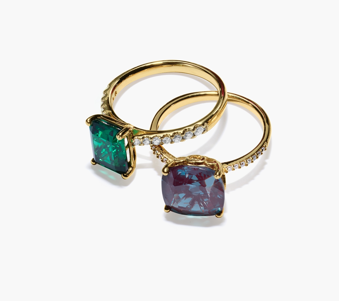 Cushion-Cut Lab Created Alexandrite Ring in 10K Yellow Gold and Lab-Created Emerald and Lab Grown Diamond Ring in 10K Yellow Gold.