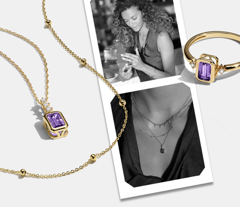 A black and white film strip of a woman wearing Valentine's day jewelry gifts. Over top the pictures are a gold chain, amethyst ring, and amethyst necklace.