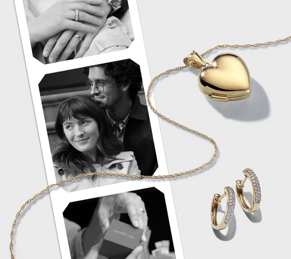 A film strip of a couple gifting Valentine's Day gifts to each other. Overtop the strip is a heart locket, and a pair of yellow gold diamond hoops.