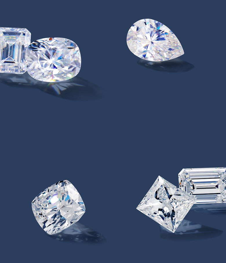Image of loose natural diamonds and loose moissanite gemstones. 