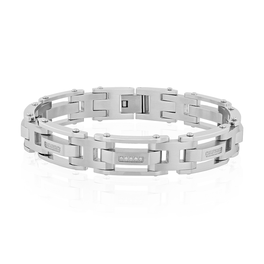 Men’s Link Bracelet with Diamond Inlays in Stainless Steel