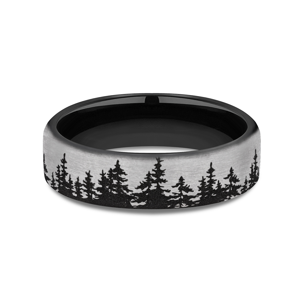 Nature Ring Mens Wedding Band Wood Ring with Forest Trees - Unique Tungsten Mens Rings 8.5