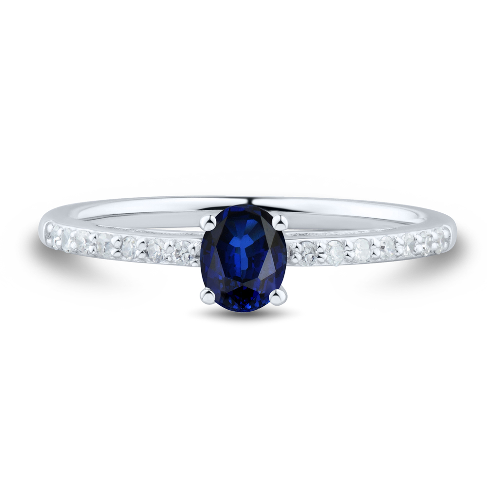 Oval Blue Sapphire Ring with Diamonds in 10K White Gold